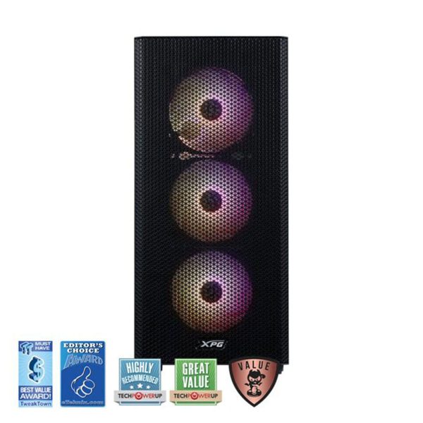 XPG Valor Mesh RGB behuizing met drie ventilatoren en RGB-verlichting, geschikt voor gaming PC's. Ideaal voor gamers die op zoek zijn naar een stijlvolle en functionele behuizing met goede luchtstroom.