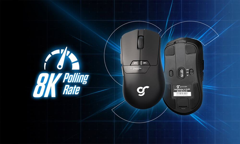Gaming muis met OLED-scherm, 8K Hz polling rate en 26.000 DPI, zwart draadloos ontwerp voor precisie en snelheid.