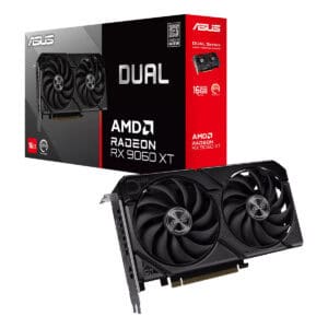 ASUS Dual Radeon RX 9060 XT grafische kaart met 16GB GDDR6 geheugen en 128-bit interface, ideaal voor gaming en high-performance grafische toepassingen.