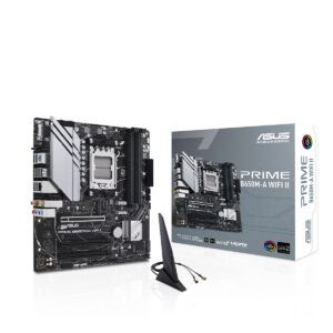 ASUS PRIME B650M-A WIFI II moederbord met DDR5, AM5 socket, WiFi, HDMI, M.2 en VGA, geschikt voor gaming en high-performance PC-builds.