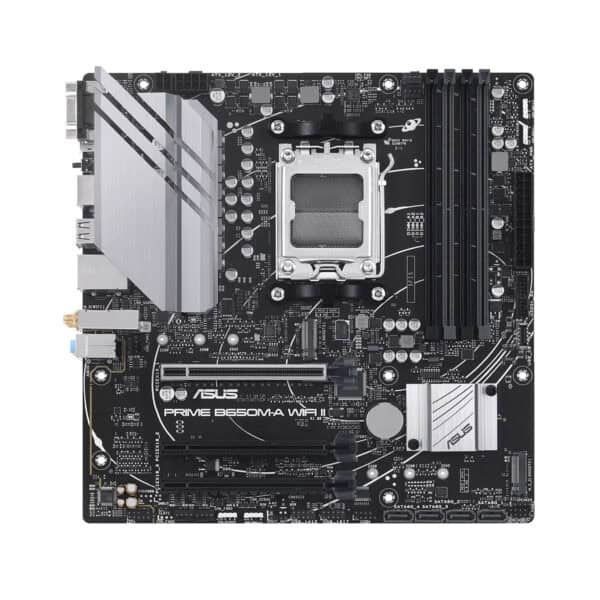 ASUS PRIME B650M-A WIFI II moederbord met DDR5, socket AM5, M.2, HDMI, DP en VGA voor gaming en high-performance PC's.