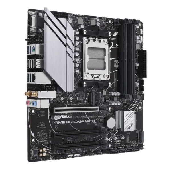 ASUS PRIME B650M-A WIFI II moederbord met DDR5, socket AM5, M.2, HDMI, DP en VGA, geschikt voor gaming en high-performance PC-builds.