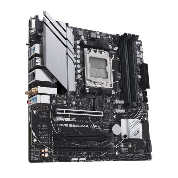 ASUS PRIME B650M-A WIFI II moederbord met DDR5, socket AM5, M.2, HDMI, DP en VGA, geschikt voor gaming en high-performance PC-builds.