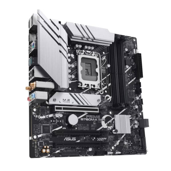 ASUS PRIME B760M-A WIFI moederbord met DDR5, M.2, HDMI en WiFi, geschikt voor gaming en high-performance PC-builds.