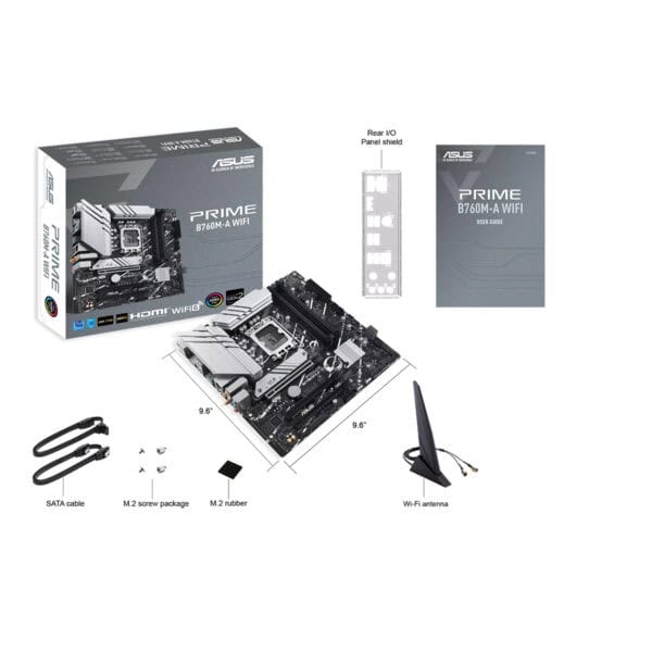 ASUS PRIME B760M-A WIFI moederbord met DDR5, M.2, HDMI, DP, Wi-Fi antenne en accessoires voor gaming en high-performance PC's.