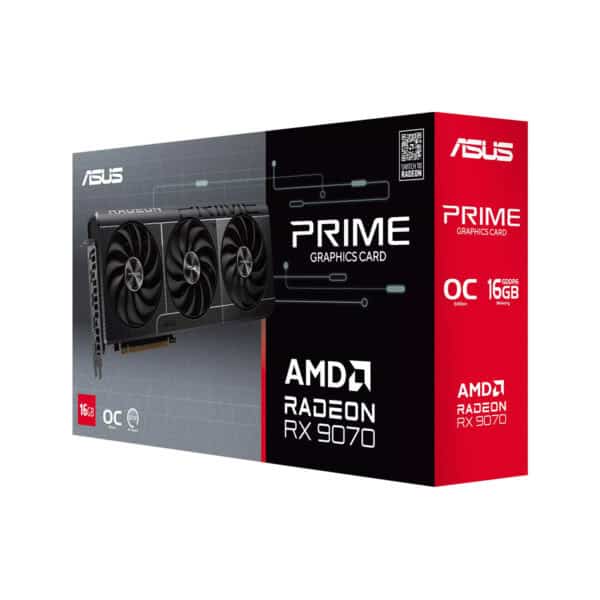 Beeld van de ASUS Prime Radeon RX 9070 EVO OC grafische kaart met 16GB GDDR6 geheugen, geschikt voor gaming en high-performance grafische toepassingen.