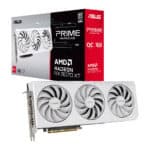 ASUS PRIME Radeon RX 9070 XT grafische kaart met witte behuizing en drie ventilatoren, geschikt voor gaming en high-performance PC builds.