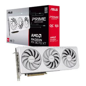 ASUS PRIME Radeon RX 9070 XT grafische kaart met witte behuizing en drie ventilatoren, geschikt voor gaming en high-performance PC builds.