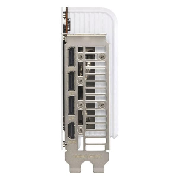 Close-up van een ASUS PRIME Radeon RX 9070 XT White OC 16GB GDDR6 grafische kaart met witte behuizing en meerdere HDMI- en DisplayPort-aansluitingen.