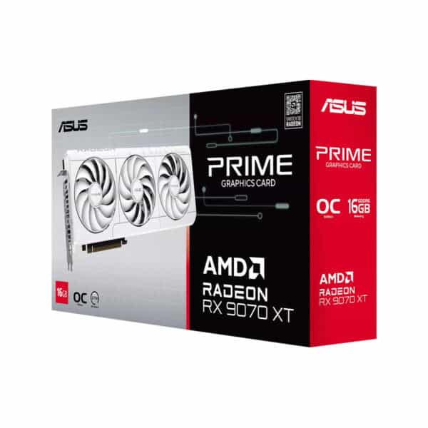 ASUS PRIME Radeon RX 9070 XT grafische kaart met 16GB GDDR6 geheugen en witte behuizing, ideaal voor gaming en high-performance PC builds.