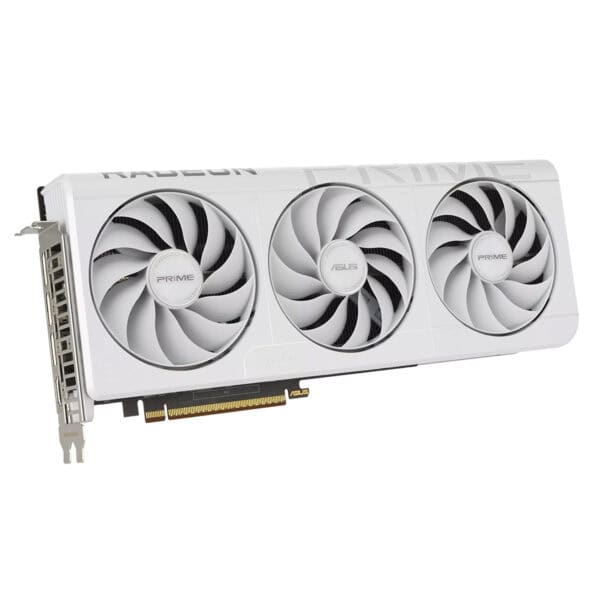 ASUS PRIME Radeon RX 9070 XT grafische kaart met witte behuizing en drie ventilatoren, ontworpen voor gaming en high-performance PC builds.