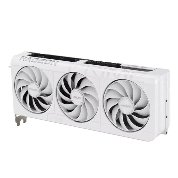 ASUS PRIME Radeon RX 9070 XT grafische kaart met witte behuizing en drie ventilatoren, ideaal voor gaming en high-performance PC builds.