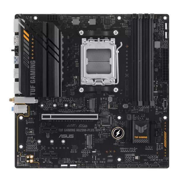 ASUS TUF Gaming A620M-Plus WiFi moederbord met DDR5, AM5 socket, M.2, HDMI en DP voor gaming en high-performance PC builds.