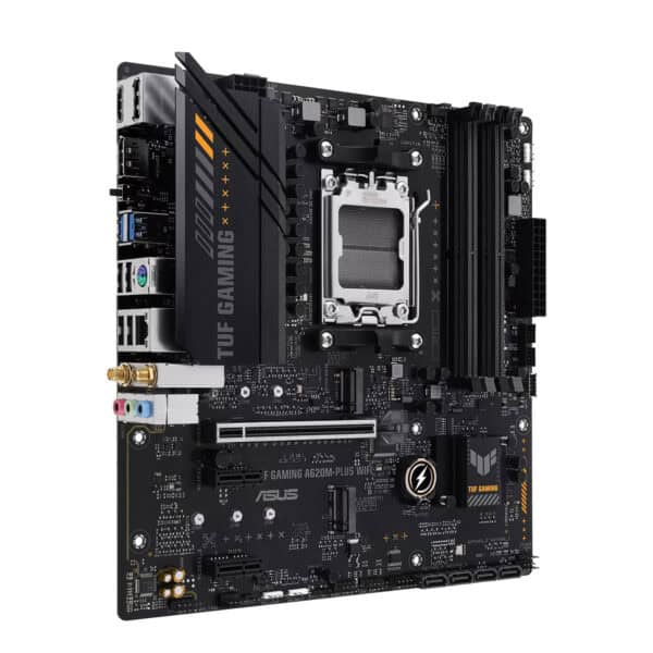 ASUS TUF Gaming A620M-Plus WiFi moederbord met DDR5, AM5 socket, M.2, HDMI en DP, ideaal voor gaming en high-performance PC builds.