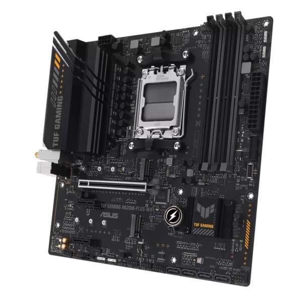 ASUS TUF Gaming A620M-Plus WiFi moederbord met DDR5, AM5 socket, M.2, HDMI, DP, geschikt voor gaming en high-performance PC builds.