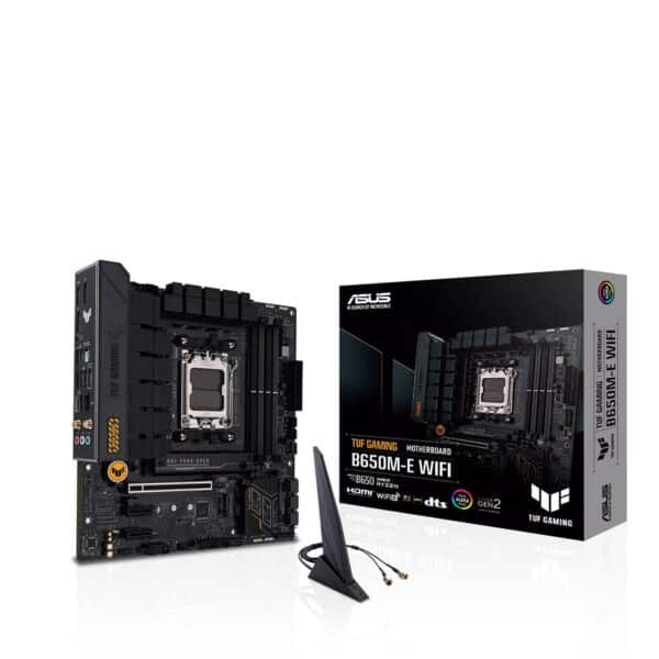 Ontdek de ASUS TUF Gaming B650M-E WiFi, een krachtig mATX moederbord met DDR5-ondersteuning, WiFi 6, HDMI en M.2 voor gaming en high-performance PC-builds.