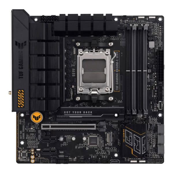 ASUS TUF Gaming B650M-E WiFi moederbord met DDR5, socket AM5, M.2, HDMI, Mini DP, geschikt voor gaming en high-performance PC builds.