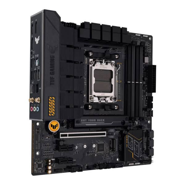 Robuust ASUS TUF Gaming B650M-E WiFi moederbord met DDR5 ondersteuning en WiFi-connectiviteit, ideaal voor gaming en high-performance PC builds.