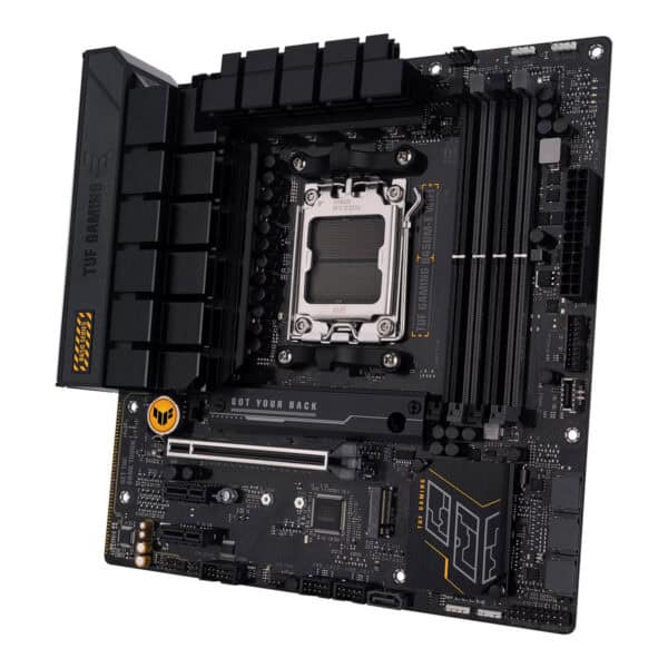 ASUS TUF Gaming B650M-E WiFi moederbord met DDR5, AM5 socket, M.2, HDMI, Mini DP, geschikt voor gaming en high-performance PC builds.