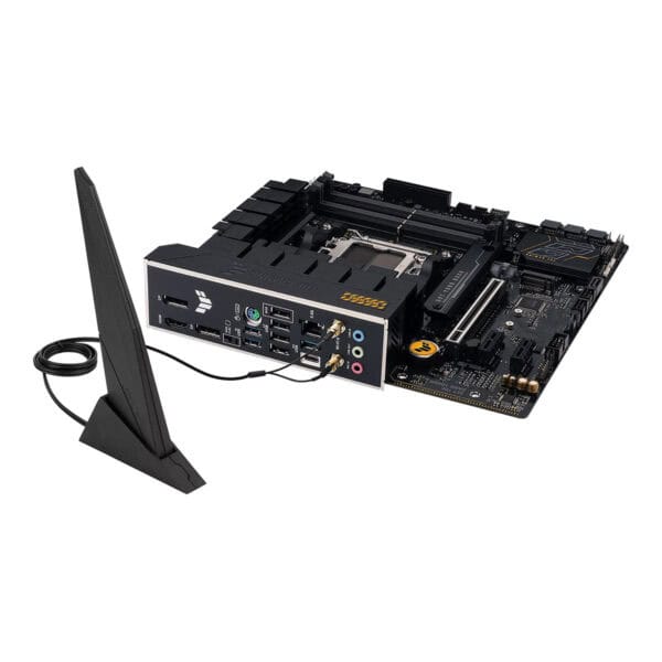 ASUS TUF Gaming B650M-E WiFi moederbord met DDR5, AM5 socket, M.2, HDMI, Mini DP, mATX, geschikt voor gaming en high-performance PC builds.