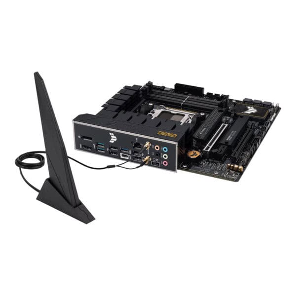 ASUS TUF Gaming B650M-PLUS WiFi moederbord met DDR5, AM5 socket, HDMI, DP en M.2 slots, geschikt voor gaming en high-performance PC builds.
