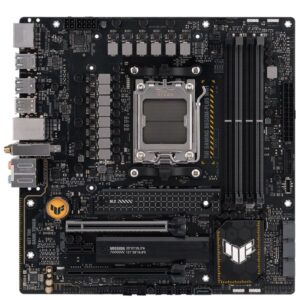 Asus TUF Gaming B650M-PLUS WiFi moederbord met DDR5, AM5 socket, M.2, HDMI, DP, mATX, geschikt voor gaming en overklokken.