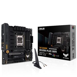 Asus TUF Gaming B650M-PLUS WiFi moederbord met DDR5, AM5 socket, M.2, HDMI, DP, WiFi 6, geschikt voor gaming en high-performance PC builds.