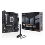 ASUS TUF Gaming B850M-E WIFI moederbord met DDR5, M.2, HDMI, DP, WiFi 6, en AMD B850 chipset, geschikt voor gaming en high-performance PC builds.