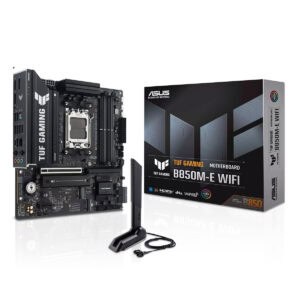 ASUS TUF Gaming B850M-E WIFI moederbord met DDR5, M.2, HDMI, DP, WiFi 6, en AMD B850 chipset, geschikt voor gaming en high-performance PC builds.