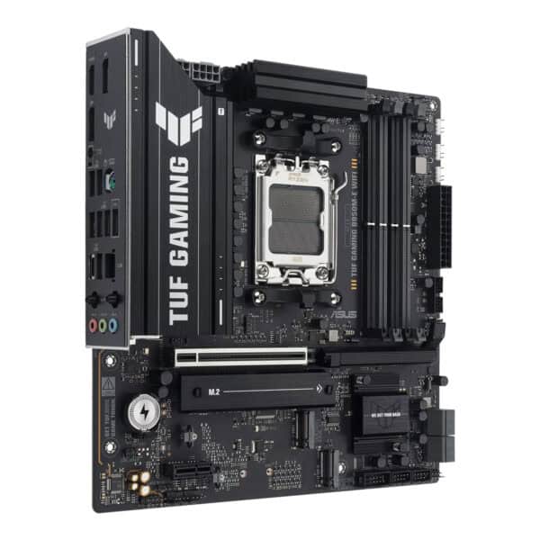ASUS TUF GAMING B850M-E WIFI moederbord met DDR5, M.2, HDMI, DP, AM5 socket, geschikt voor gaming en high-performance PC builds.