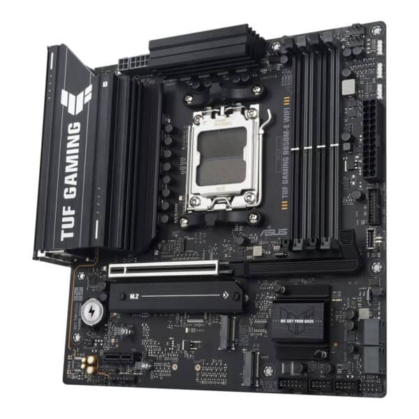 ASUS TUF GAMING B850M-E WIFI moederbord met DDR5, M.2, HDMI, DP, AM5 socket, geschikt voor gaming en high-performance PC builds.
