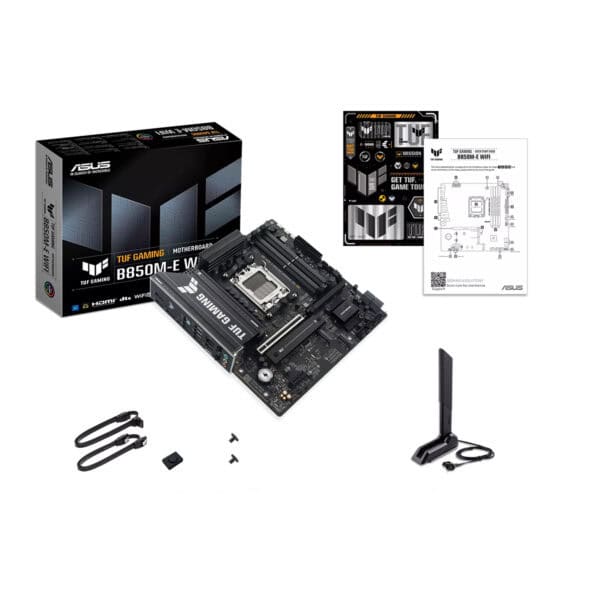 ASUS TUF GAMING B850M-E WIFI moederbord met DDR5, M.2, HDMI, DP, WiFi, mATX, geschikt voor gaming en high-performance PC builds.
