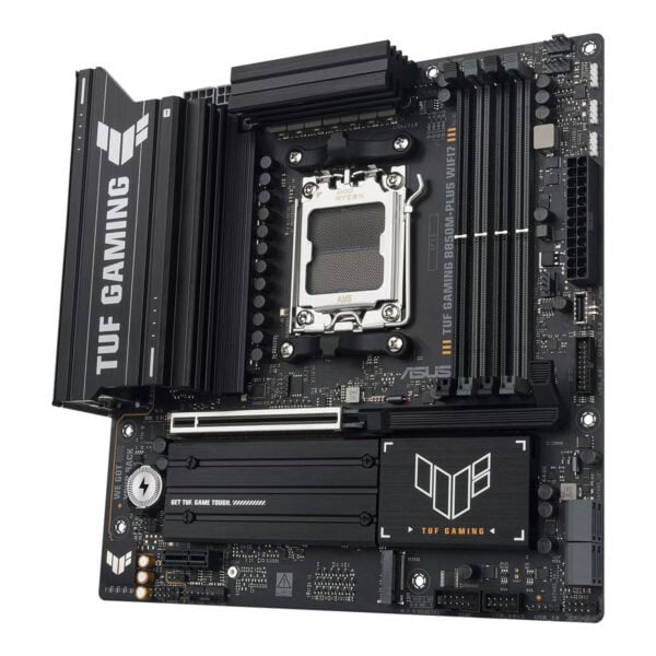 ASUS TUF GAMING B850M-PLUS WIFI7 moederbord met DDR5, M.2, HDMI, DP, WiFi 7, geschikt voor AMD AM5 CPU's, ideaal voor gaming en high-performance PC builds.