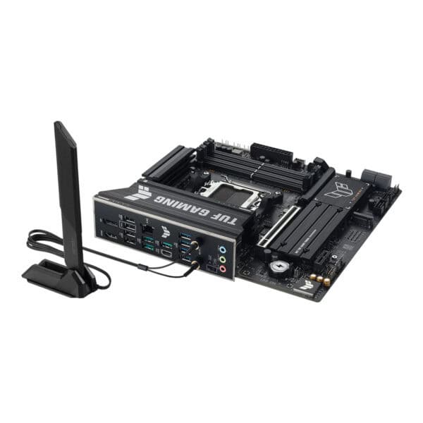 ASUS TUF GAMING B850M-PLUS WIFI7 moederbord met WiFi 7, DDR5 ondersteuning, M.2 slots, HDMI en DisplayPort, geschikt voor gaming en high-performance PC builds.