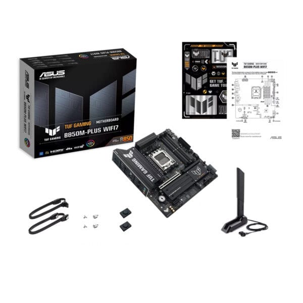 ASUS TUF B850M-PLUS WIFI7 moederbord met DDR5, M.2, HDMI, en WiFi 7 voor gaming en high-performance PC builds.