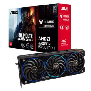 Geavanceerde ASUS TUF Gaming RX 9070 XT grafische kaart met drie ventilatoren, ontworpen voor high-end gaming en optimale prestaties bij Call of Duty Black Ops 7.