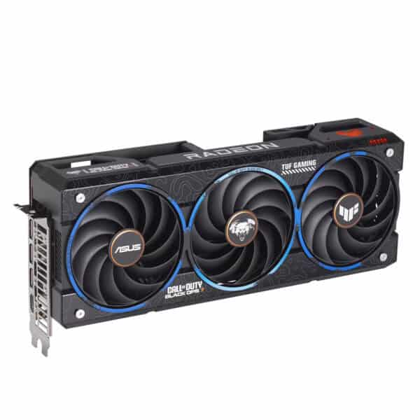 ASUS TUF Gaming RX 9070 XT grafische kaart met drie ventilatoren, ontworpen voor gaming en high-performance PC's, met 16GB GDDR6 geheugen en 256-bit interface.