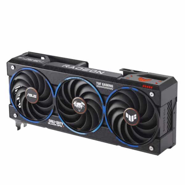 ASUS TUF Gaming RX 9070 XT grafische kaart met drie ventilatoren en RGB-verlichting, ontworpen voor gaming en high-performance PC's.