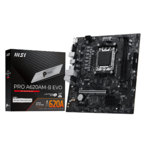 MSI PRO A620AM-B EVO moederbord voor AMD Ryzen processoren, DDR5 geheugen, M.2 SSD, HDMI en VGA aansluitingen, geschikt voor mATX behuizingen.