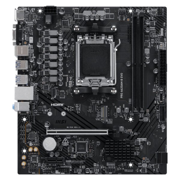 MSI PRO A620AM-B EVO moederbord met DDR5, AM5 socket, HDMI en VGA poorten, geschikt voor gaming en high-performance PC-builds.