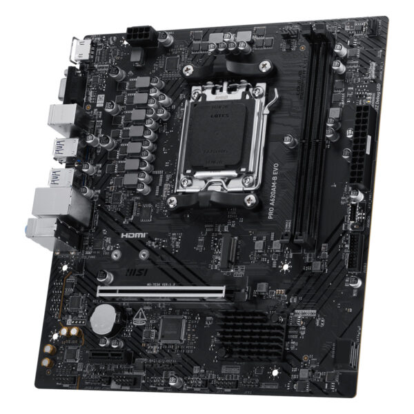 MSI PRO A620AM-B EVO moederbord met DDR5, AM5 socket, M.2, HDMI en VGA, geschikt voor gaming en high-performance PC-builds.