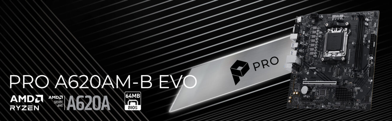 MSI PRO A620AM-B EVO moederbord voor gaming en high-performance PC's, compatibel met AMD Ryzen processors, DDR5 geheugen, M.2, HDMI en VGA aansluitingen.