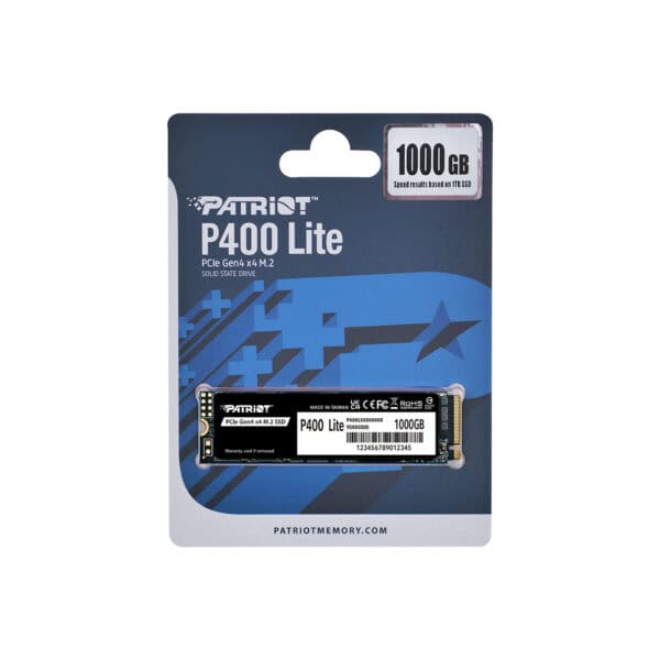 Patriot P400 Lite 1TB PCIe Gen4 x4 SSD voor snelle gegevensoverdracht en gamingprestaties. Compacte M.2 NVMe schijf met hoge snelheid voor gaming en professionele toepassingen.