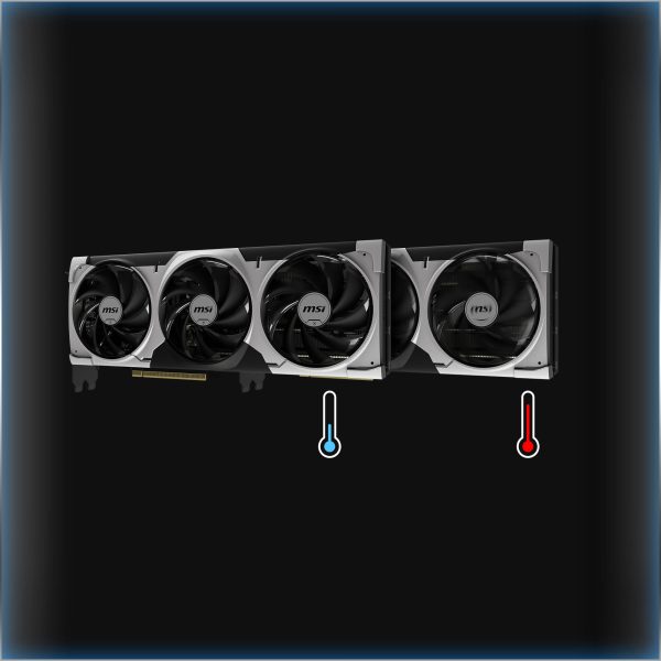 Drie MSI GeForce RTX 5080 Ventus 3X OC grafische kaarten met koelsystemen, geschikt voor high-end gaming en professionele grafische toepassingen.