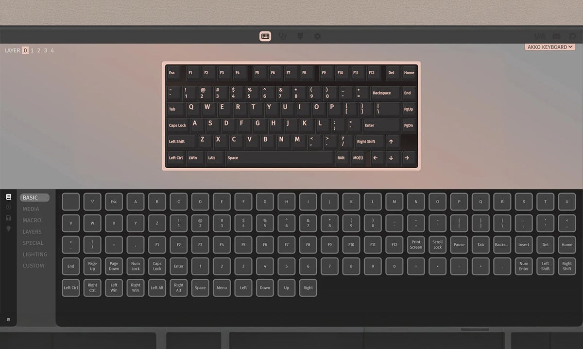 Compact AKKO Mineral 01 VIA Stellar Rose mechanisch gaming toetsenbord met draadloze functionaliteit en RGB-verlichting, ideaal voor gamers en professionals.