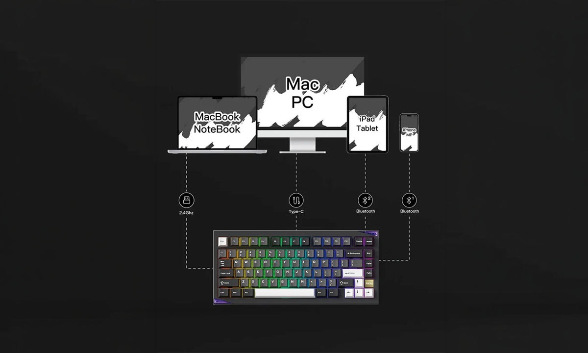 Compact draadloos mechanisch gaming toetsenbord met Stellar Rose switches, RGB-verlichting en hot-swap functies, ideaal voor gamers en professionals.