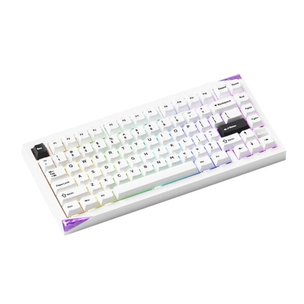 Compact draadloos gaming toetsenbord met kleurrijke RGB-verlichting, mechanische switches en een strak design, ideaal voor gamers en computerliefhebbers.