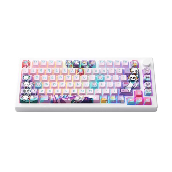 Kleurrijk Akko MOD 007B HE draadloos gaming toetsenbord met panda- en kat-illustraties, RGB-verlichting, magnetische switches en hot-swap functionaliteit, perfect voor gamers.