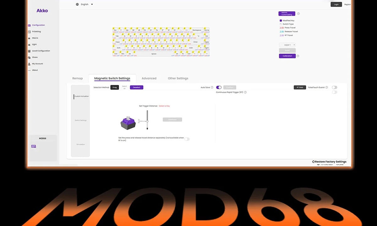 Akko MOD68 draadloos gaming toetsenbord met Misty Black Brown afwerking, 65%, magnetische switches, ARGB-verlichting, hall effect, hotswap functies en AstroLink magnetische switches.