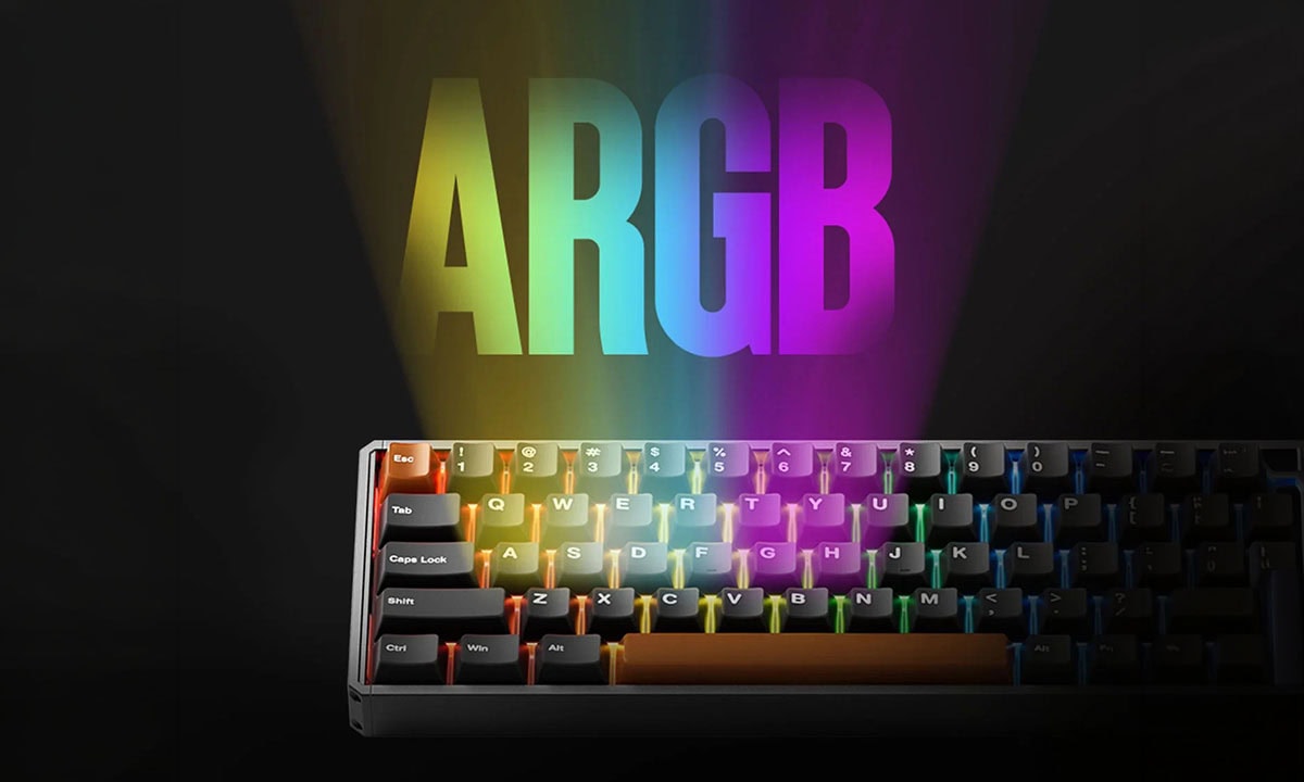 Compact gaming toetsenbord met ARGB-verlichting, mechanische switches, draadloos gebruik en hall effect hot-swap technologie, ideaal voor gamers en tech-liefhebbers.